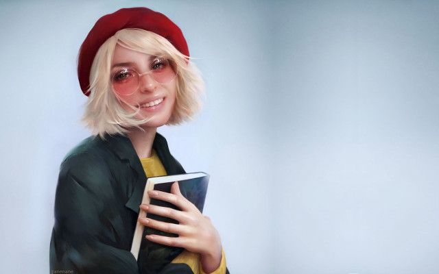 Woman red hat glasses smiling free wallpaper - medium preview image