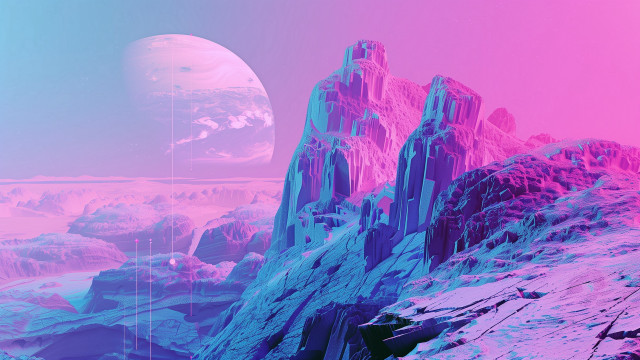 Mountain planet synthwave matte pink free wallpaper - medium preview image