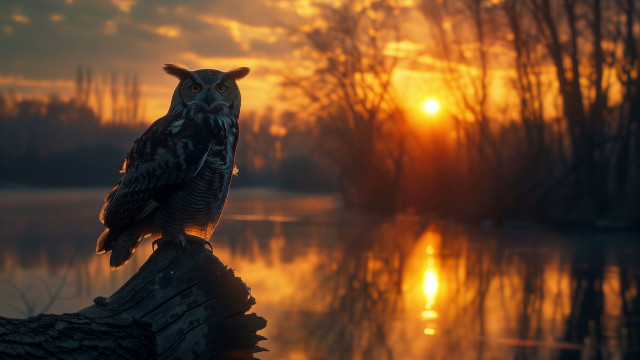 Bird log lake sunset backlit free wallpaper for desktop - medium preview image