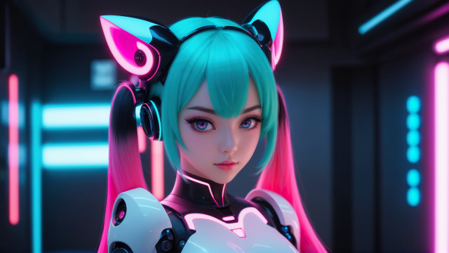 Futuristic greenhair neon cyberpunk ears free wallpaper - medium preview image