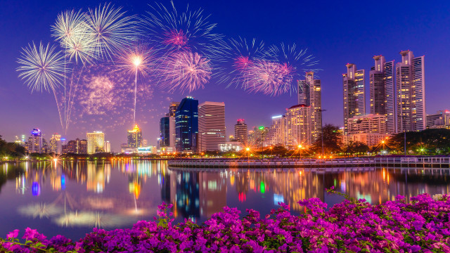 City skyline lake fireworks flowers free wallpaper - medium preview image