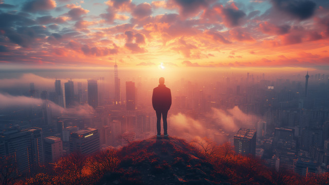 Hilltop cityscape sunset clouds fog free wallpaper - medium preview image