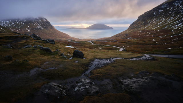 Mountain river ocean sunset cloudy free wallpaper - medium preview image