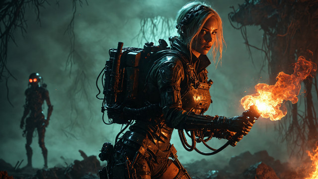 Futuristic woman fireball forest cyberpunk free wallpaper - medium preview image
