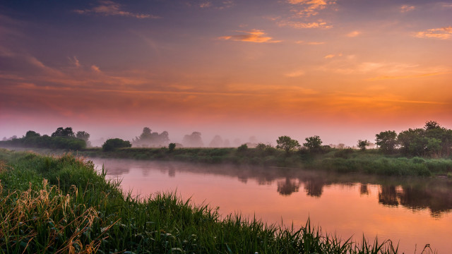 River trees grass sunset foggy free wallpaper - medium preview image
