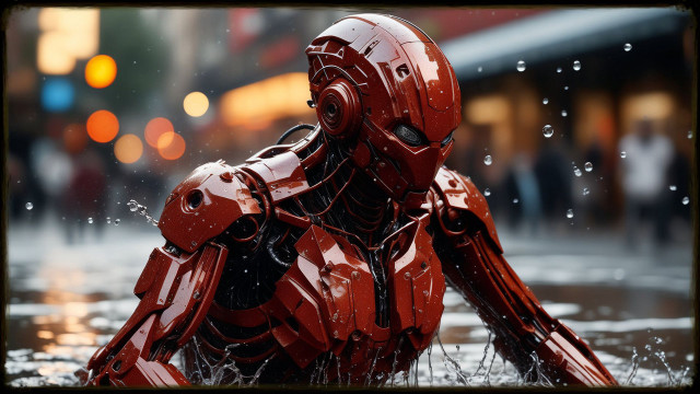 Red robot street rain cyberpunk free wallpaper - medium preview image