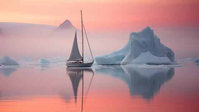 Sailboat icebergs mountains sunset pink free wallpaper - medium preview image