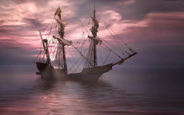 Ship water mountain sunset cloudy free wallpaper - medium preview image