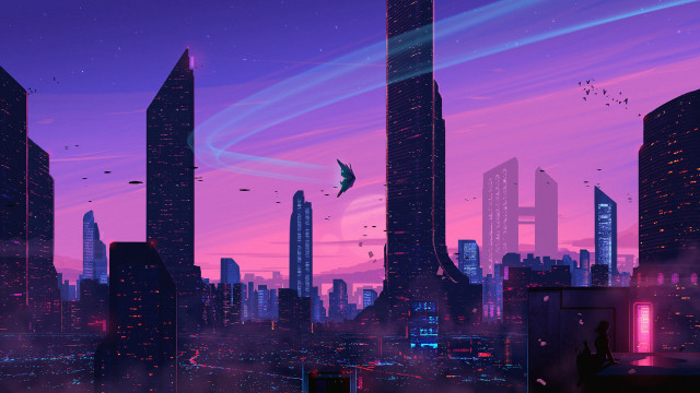 City skyline night purple aurora free wallpaper - medium preview image