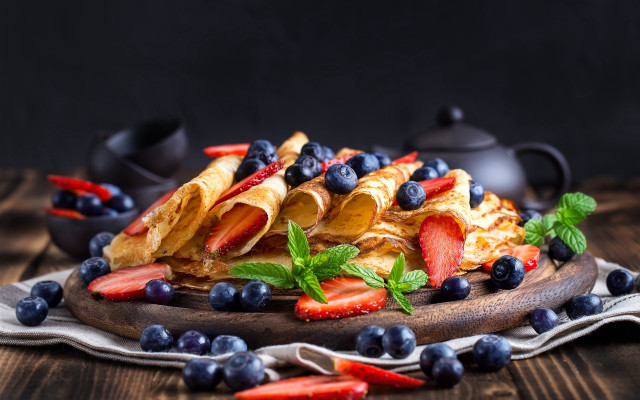 Fruit pastry wooden table teapot free wallpaper - medium preview image