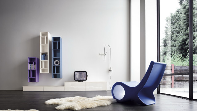 Blue chair white rug bookshelf free wallpaper - medium preview image