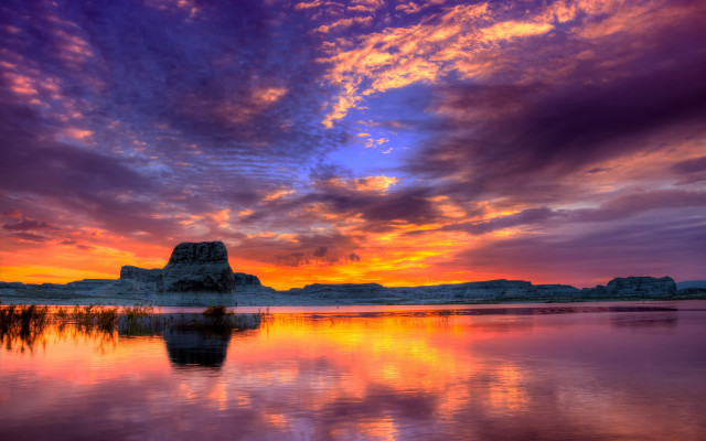 Sunset lake mountain clouds rock free wallpaper - medium preview image