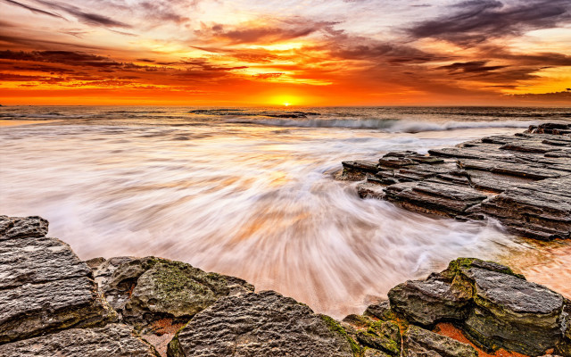 Sunset rocky beach waves jetty free wallpaper - medium preview image