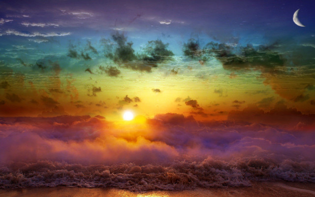 Sunset water clouds moon city free wallpaper - medium preview image