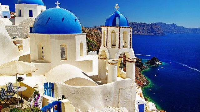 Blue church cliff ocean boat free wallpaper - medium preview image