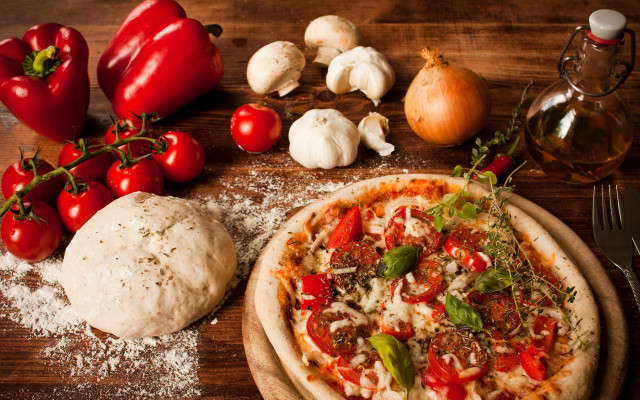 Pizza wooden table toppings knife free wallpaper - medium preview image