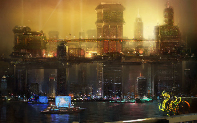 Afrofuturism cityscape bridge river night free wallpaper - medium preview image