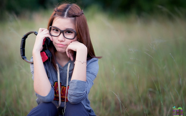 Girl glasses field cellphone outdoors free wallpaper - medium preview image