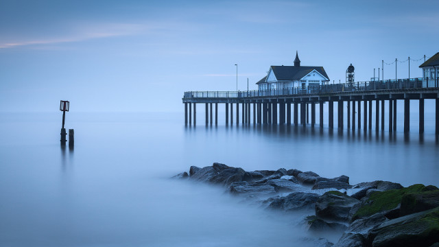 Long pier lighthouse fog mountain free wallpaper - medium preview image