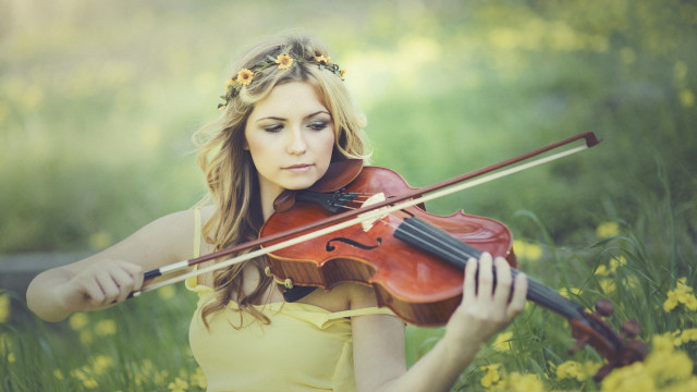 Yellow dress woman flowers violin free wallpaper - medium preview image