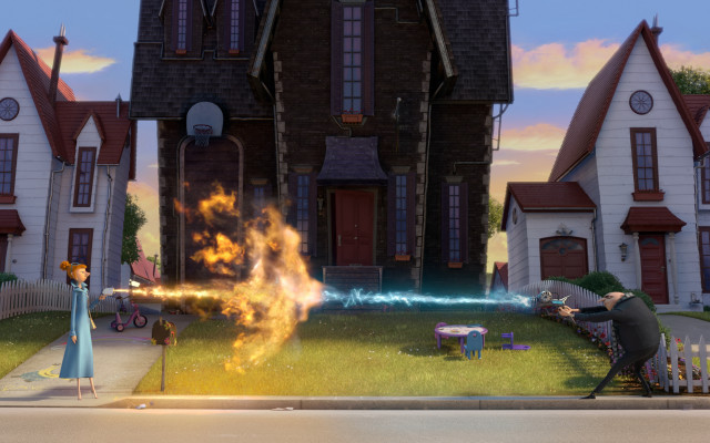 Fire hydrant shooting house woman free wallpaper - medium preview image