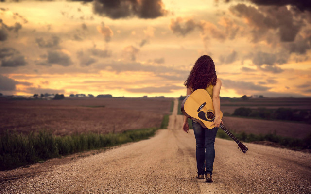 Woman guitar beach dusk mountains free wallpaper - medium preview image