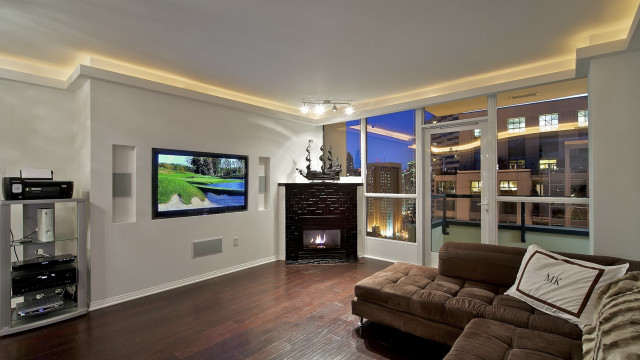 Livingroom couch flatscreentv fireplace ambientlight free wallpaper - medium preview image