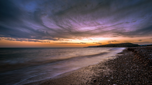 Beach sunset mountain horizon clouds free wallpaper - medium preview image
