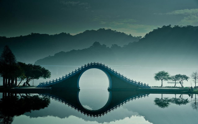 Bridge mountains lake forest moon free wallpaper - medium preview image