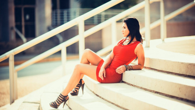 Woman red dress stairs sitting free wallpaper - medium preview image