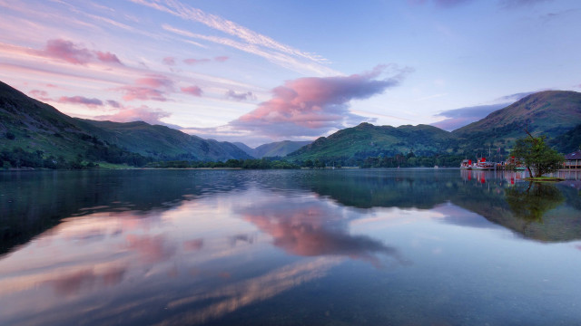 Lake mountains pink sky clouds free wallpaper - medium preview image