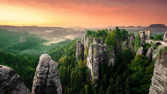 Mountain bridge forest sunset landscape free wallpaper - medium preview image