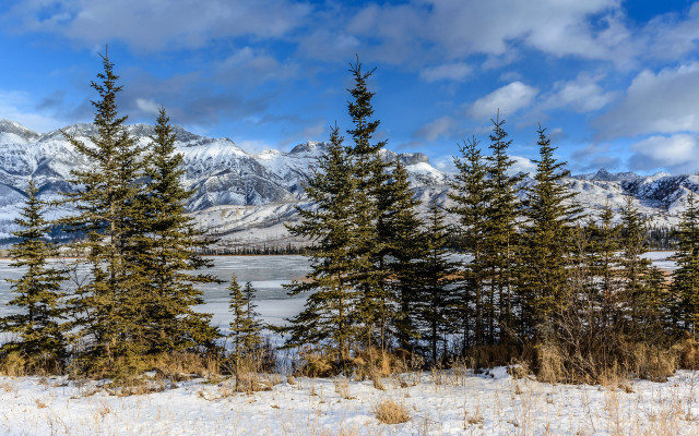 Snowy landscape trees mountains lake free wallpaper - medium preview image