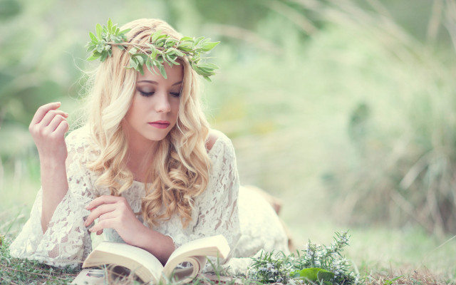 Woman leaf wreath reading grass free wallpaper - medium preview image