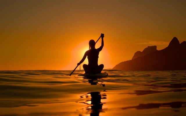 Surfboard sunset mountain water paddle free wallpaper - medium preview image