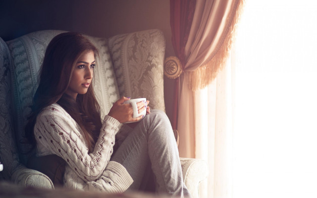 Woman coffee sitting window curtains free wallpaper - medium preview image