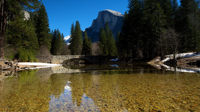Bridge river mountain snow forests free wallpaper - medium preview image