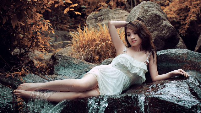 Woman white dress rock stream free wallpaper - medium preview image