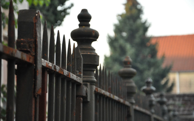 Fence metal posts house trees free wallpaper - medium preview image