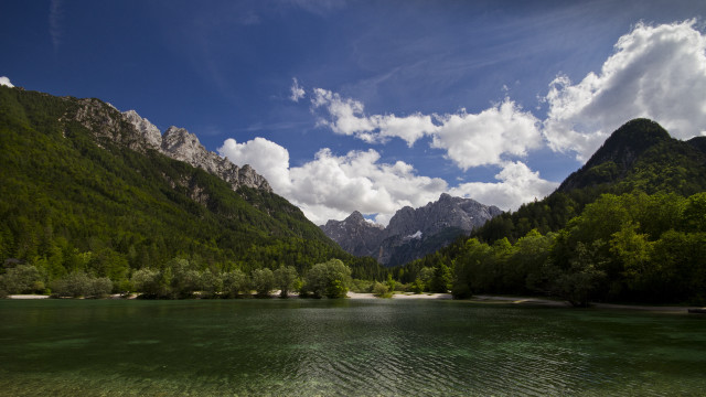 River mountains trees cloudy sky free wallpaper - medium preview image