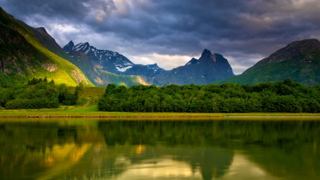 Lake mountains forest grass sky free wallpaper - medium preview image