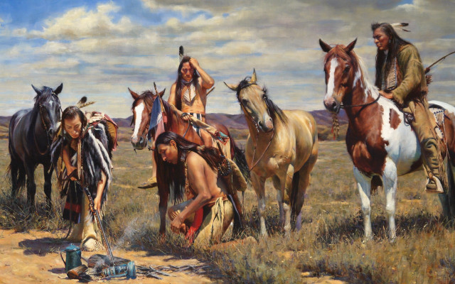 Native americans horses field oil free wallpaper - medium preview image