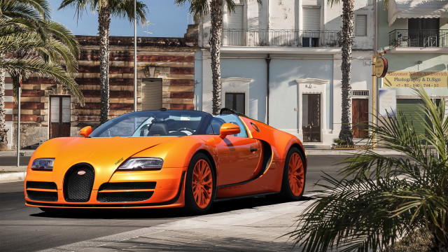 Bugatti palm trees cityscape vibrant free wallpaper - medium preview image