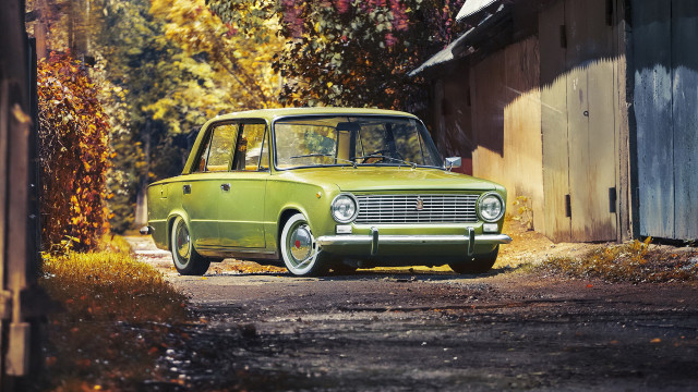 Green car road building trees free wallpaper - medium preview image