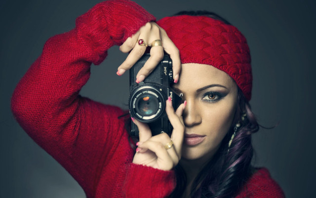 Woman red sweater camera portrait free wallpaper - medium preview image
