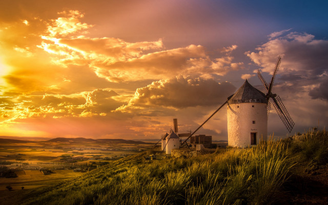 Windmill hill sunset clouds grassy free wallpaper - medium preview image