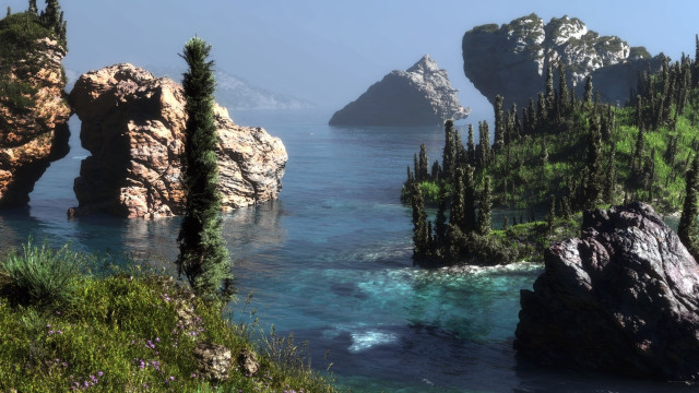 Rocky island forest lake waterfall free wallpaper - medium preview image