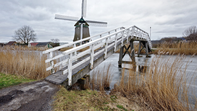 Windmill bridge water paths cloudy free wallpaper - medium preview image