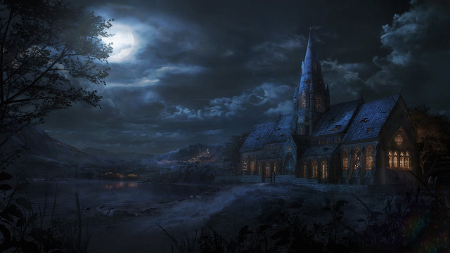 Gothic church fullmoon night clouds free wallpaper - medium preview image