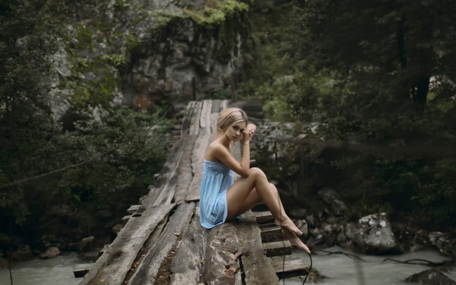 Woman bridge river blue dress free wallpaper - medium preview image